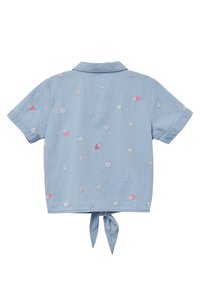Korte mouwen, lichtblauwe shirt met bloemen- en aardbeienborduurwerk, met knoopkraag en een ingetogen achterkant voor een ontspannen pasvorm.