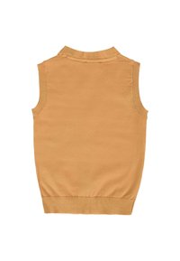 Bezramkowy sweter z dzianiny w jasnobrązowym kolorze z prążkowanym kołnierzem, otworami na ramiona i dołem, pokazany z tyłu na białym tle.