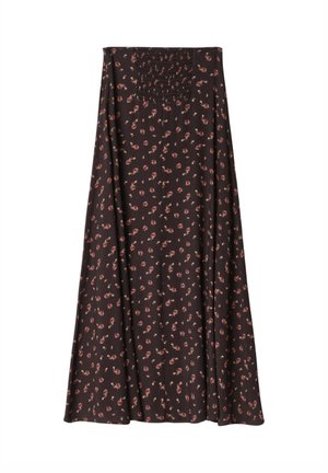 Gonna nera con un motivo floreale, dotata di una vita arricciata e di un tessuto morbido. Si allunga fino al pavimento con una silhouette rilassata.