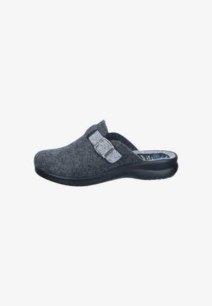 Gray felt clog with a black rubber sole, featuring a side buckle accent and soft lining for comfort. Sturdy construction with a rounded shape.