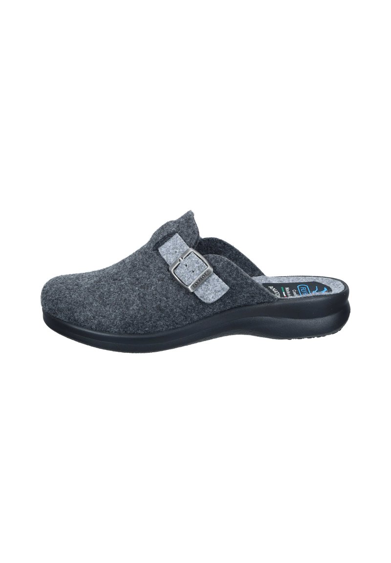 Gray felt clog with a black rubber sole, featuring a side buckle accent and soft lining for comfort. Sturdy construction with a rounded shape.