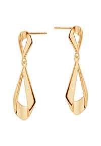 Złote kolczyki w kształcie skręconego łezki, z gładkimi powierzchniami i pewnym zapięciem na słupek.