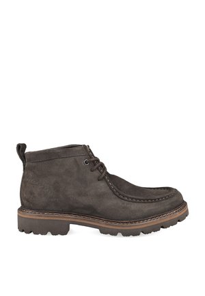 Dark brown suede ankle boot with lace-up front, thick treaded sole, and stitched detailing along the toe and sides.