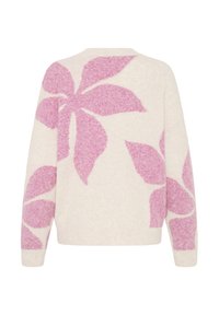 Pull couleur crème avec de grands motifs floraux roses. Fabriqué en matériau doux et texturé, avec des manches longues et un col rond.