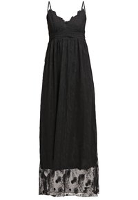 Robe maxi noire à fines bretelles avec un corsage en dentelle. Tissu texturé et ourlet en dentelle détaillé avec des motifs floraux. Silhouette fluide.