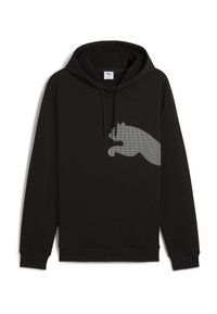 Schwarzer Hoodie aus einem Baumwoll-Mischgewebe, mit einem großen grauen Katzenmotiv auf der Vorderseite und Kapuze mit Kordelzug. Standardpassform mit gerippten Bündchen.