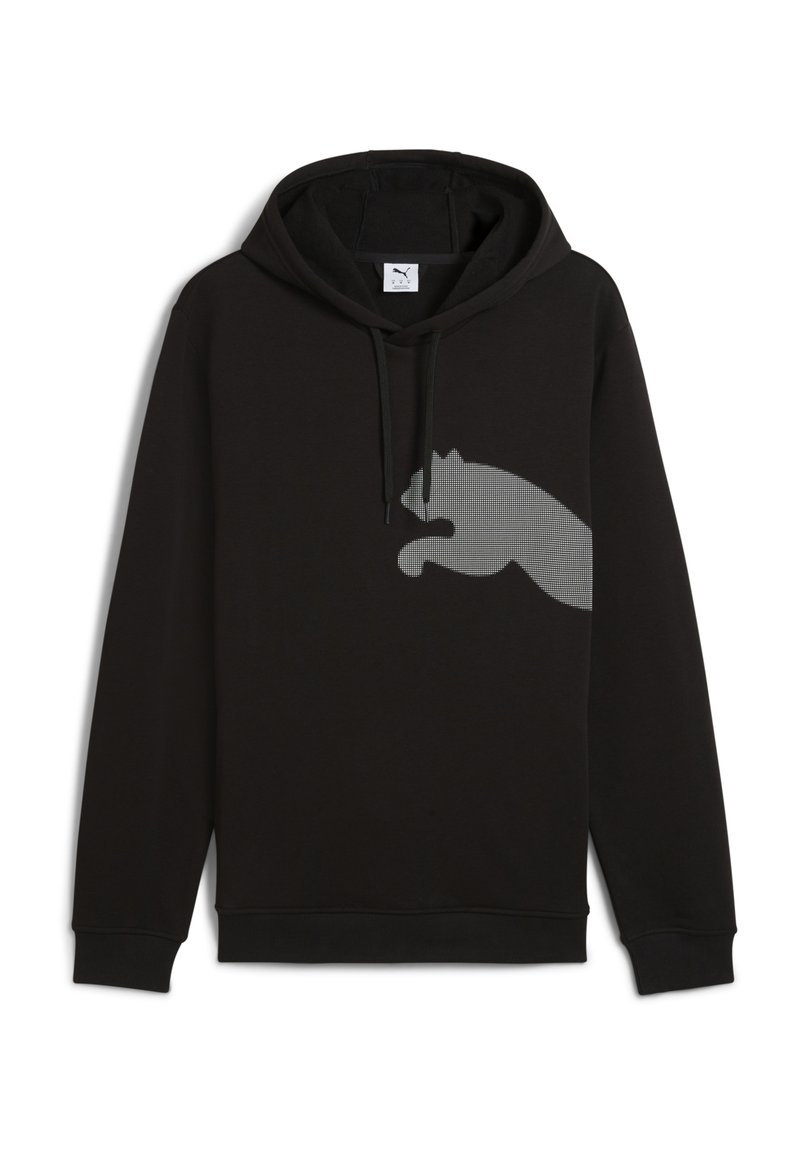 Schwarzer Hoodie aus einem Baumwoll-Mischgewebe, mit einem großen grauen Katzenmotiv auf der Vorderseite und Kapuze mit Kordelzug. Standardpassform mit gerippten Bündchen.