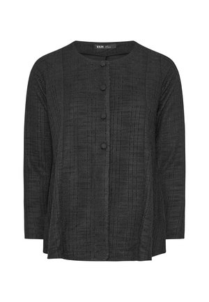 Blusa negra de botones con una tela texturizada y tejida, que presenta un escote redondo y tres botones al frente. Mangas largas y un corte holgado.