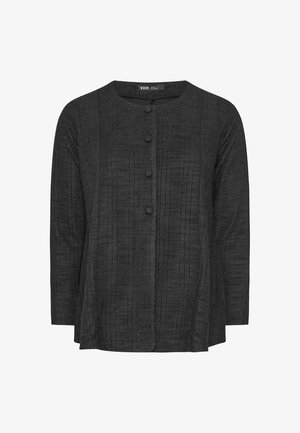 Schwarze Bluse mit Knöpfen aus einem strukturierten, gewebten Stoff, mit rundem Ausschnitt und drei vorderen Knöpfen. Lange Ärmel und lockere Passform.