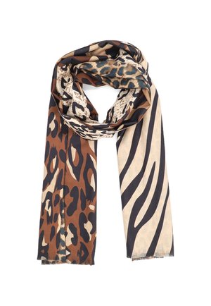 Sciarpa con stampe animali miste, tra cui macchie di leopardo in marrone e nero e strisce di zebra in beige e nero, piegata in un morbido anello.