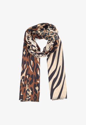Sciarpa con stampe animali miste, tra cui macchie di leopardo in marrone e nero e strisce di zebra in beige e nero, piegata in un morbido anello.