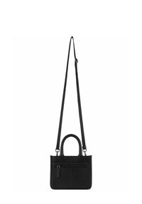 Borsa a mano nera in pelle con doppio manico, tracolla regolabile, tasca frontale con zip, forma rettangolare e texture liscia.