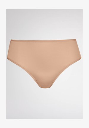 Bas de bikini taille haute beige en tissu lisse et extensible. Présente un design sans coutures et une large taille pour plus de confort.