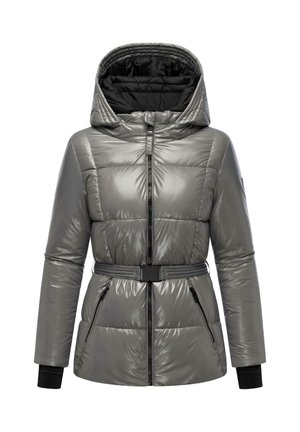 Pilkas pūkinis jakas su blizgiu paviršiumi, nuimamu gobtuvu, diržu juosmeniui ir užtraukiamais kišenėmis. Papuoštas juodais akcentais ir siuvinėtu raštu.