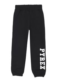Pantaloni della tuta neri con vita e polsini elasticizzati, tasche laterali e testo bianco "PYREX" stampato verticalmente sulla gamba destra.