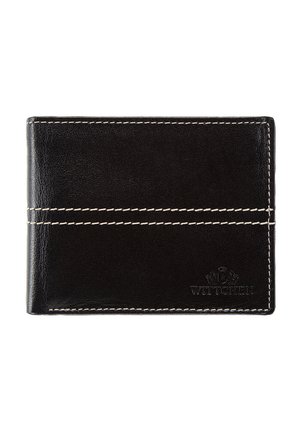 Cartera negra de cuero tipo bifold con costuras blancas y el logo "Wittchen" en relieve en la esquina inferior derecha.