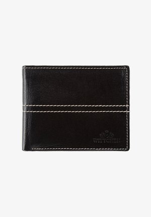 Portefeuille noir en cuir bifold avec surpiqûres blanches et logo "Wittchen" embossé en bas à droite.
