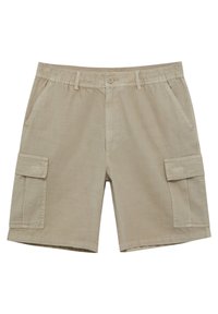 Shorts cargo beiges en tissu léger. Dotés d'une taille élastique, de poches avant et de deux poches cargo latérales avec rabats.