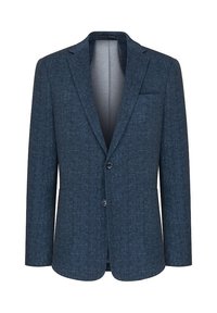 Granatowy męski blezer z klapami z wycięciem, dwoma guzikami z przodu, jedną kieszenią na piersi i dwiema dolnymi kieszeniami z przodu, prezentowany na białym tle.