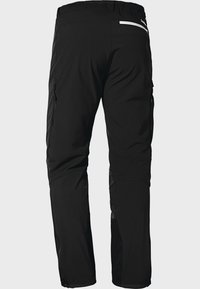 Schwarze Outdoor-Hosen mit Reißverschlusstaschen an den Seiten, dehnbarem Stoff, vorgeformten Knien und einem reflektierenden Rückstreifen. Ideal für aktive Nutzung.
