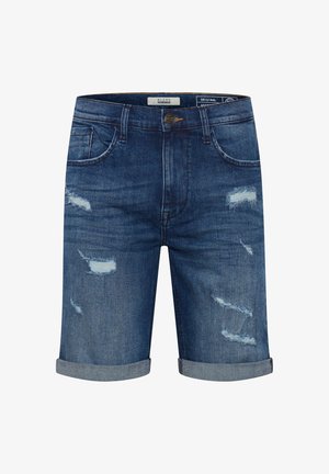 Shorts en jean de couleur bleu foncé, avec des zones déchirées et des ourlets roulés. Design classique à cinq poches avec une fermeture à bouton et une étiquette de marque.
