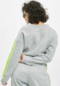 Gray sweatshirt with long sleeves, featuring bright green side stripes and a crew neck. Soft texture with a relaxed fit.