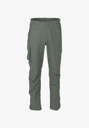 Grüne Cargo-Hose mit elastischem Bund, seitlichen Reißverschlusstaschen und einer Klappentasche am rechten Oberschenkel, gerade geschnitten.