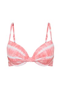 Roze tie-dye bikini top met gewatteerde plunge cups, verstelbare schouderbandjes en een centrale knoopdetail. Gemaakt van een gladde, rekbare stof.