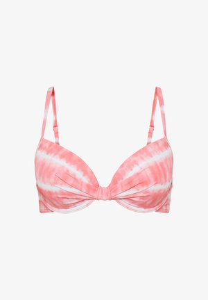 Bikini-Oberteil in Pink mit Batikmuster, ausgestattet mit gepolsterten, tief ausgeschnittenen Cups, verstellbaren Trägern und einem zentralen Knotendetail. Hergestellt aus glattem, dehnbarem Material.