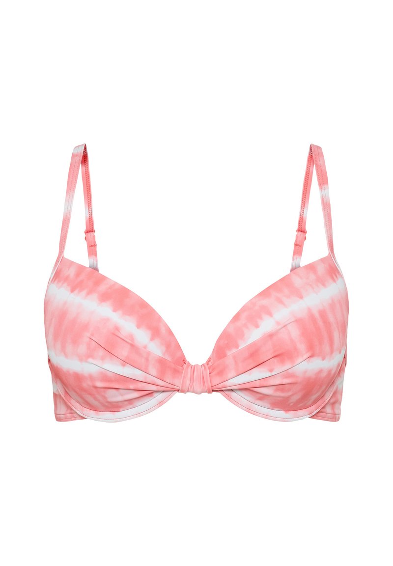Roze tie-dye bikini top met gewatteerde plunge cups, verstelbare schouderbandjes en een centrale knoopdetail. Gemaakt van een gladde, rekbare stof.