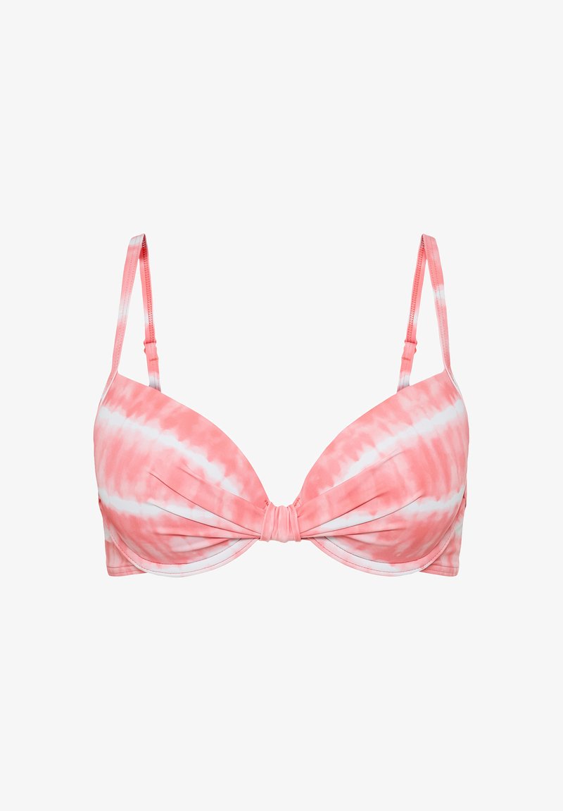 Roze tie-dye bikini top met gewatteerde plunge cups, verstelbare schouderbandjes en een centrale knoopdetail. Gemaakt van een gladde, rekbare stof.