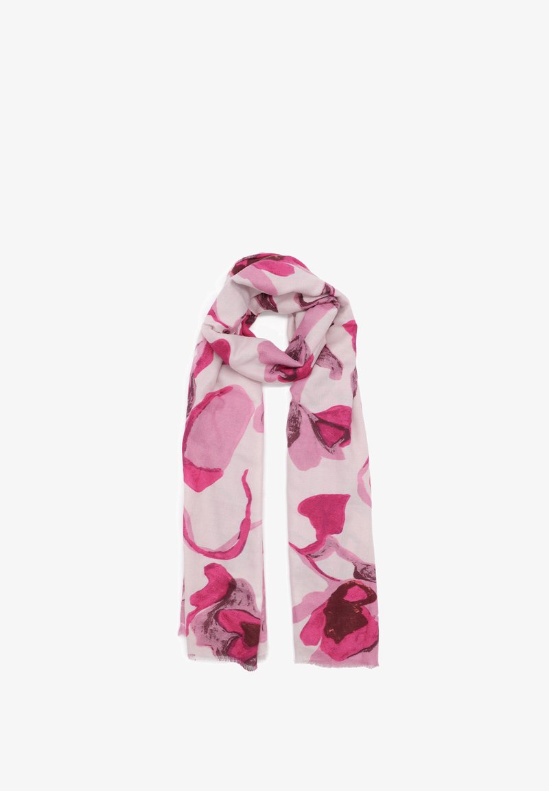 Sciarpa leggera con motivo floreale in tonalità di rosa su uno sfondo chiaro. Realizzata in tessuto morbido con bordi frangiati.