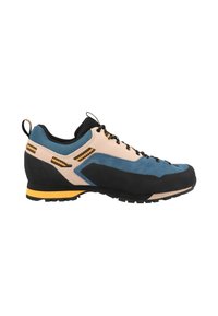 Synthetic climbing shoe in light pink, blue, and black. Features a textured upper, reinforced toe cap, and rubber sole with yellow accents.