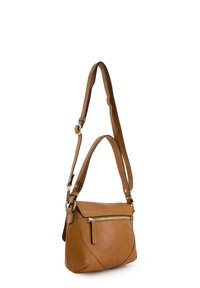 Brown leather handbag with a curved design, gold zipper, and adjustable strap. Features side stitching and a front pocket with a zipper.