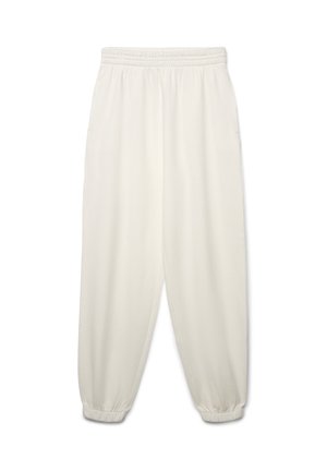 Pantaloni jogger beige chiaro con vita elasticizzata, polsini a coste e tasche laterali, realizzati in un tessuto morbido ed elastico.