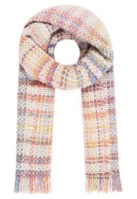 Écharpe tissée multicolore au toucher doux. Présente un mélange de teintes pastel en motif à carreaux, finition avec des bords effilochés.