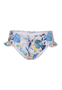 Bottom bikini da donna in rosa chiaro con un motivo di foglie tropicali in blu, verde e giallo. Presenta lati arricciati e una texture liscia.