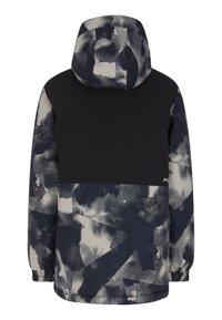 Wasserabweisende Jacke mit einem Zweiton-Design, bei dem der obere Abschnitt schwarz und der untere Teil mit einem grafischen Muster in Marineblau und Grau versehen ist.