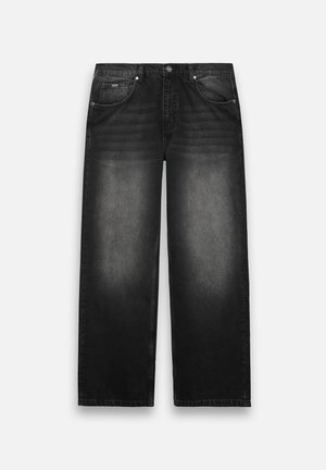 Black denim jeans with a wide-leg design. Features five pockets, light fading, and sturdy stitching. Button and zipper closure.