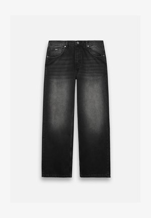 Čierne džíny z denimu s širokým strihom. Obsahujú päť vreciek, jemné blednutie a pevné švy. Zapínanie na gombík a zips.