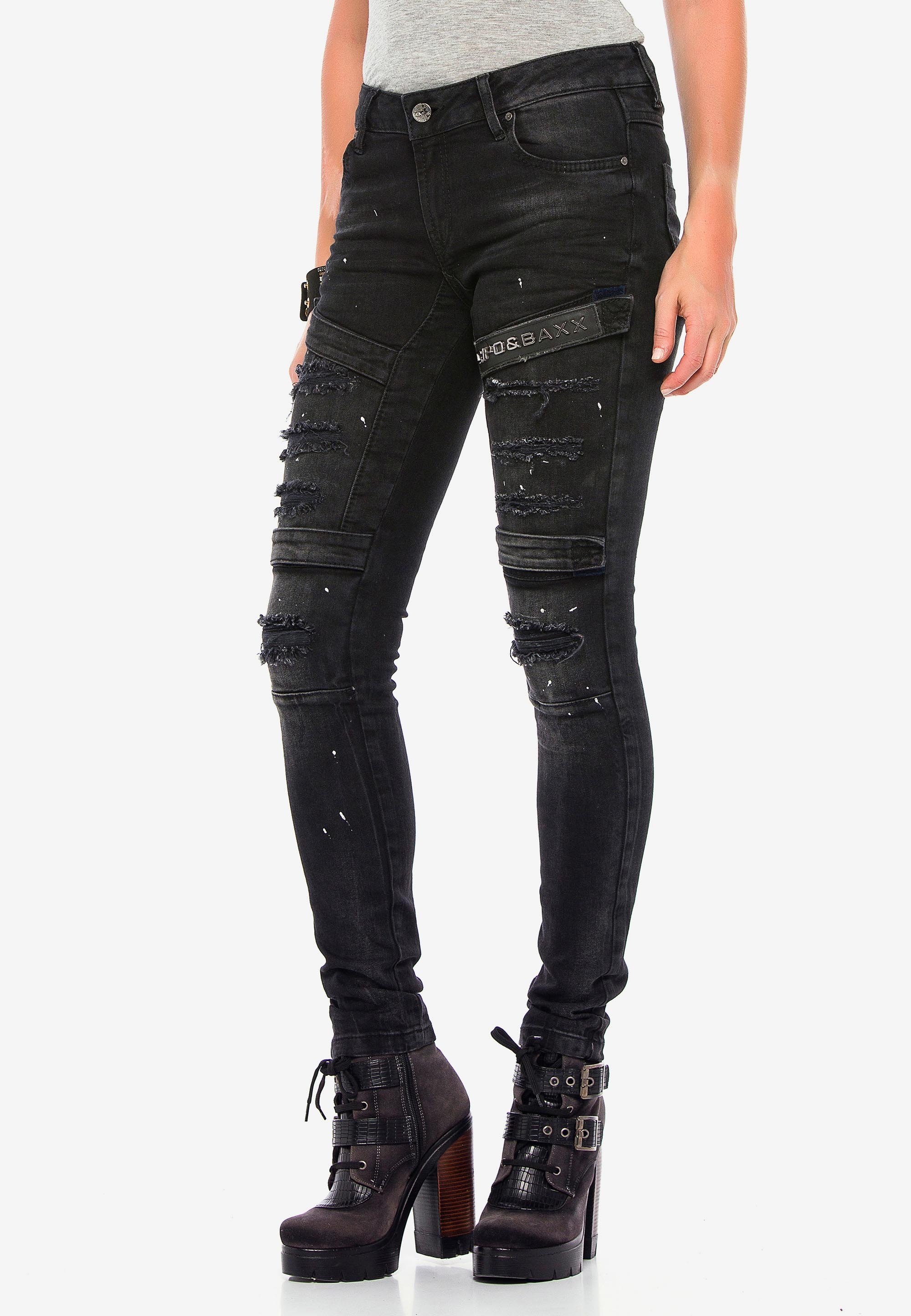Urban Classics Damen Skinny Jeans – Denim Mit Seitlicher Schnürung, Stretch, In Schwarz/Grau/Weiß – Größen 26–30