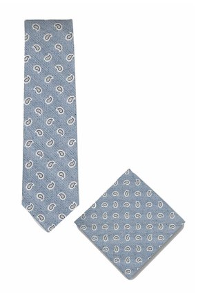 Blau gemusterte Krawatte und passendes Einstecktuch mit kleinen weißen Paisley-Mustern auf einem strukturierten Hintergrund.