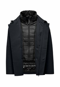Black outer jacket with a detachable quilted inner lining. Features a high collar and zippered pockets. Smooth texture throughout.
