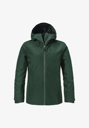 Grüne wasserdichte Jacke mit Kapuze, Frontreißverschluss, elastischen Bündchen und glatter Textur. Mit Venturi-Branding auf dem Ärmel.