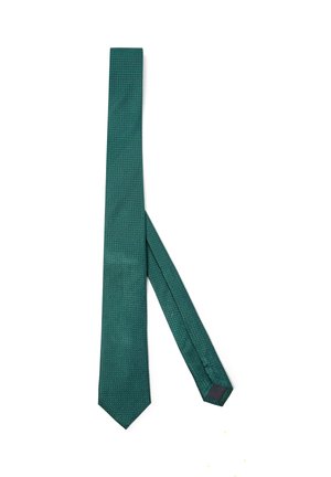 Dark green men's necktie with a subtle, repeating geometric pattern laid flat on a white background.