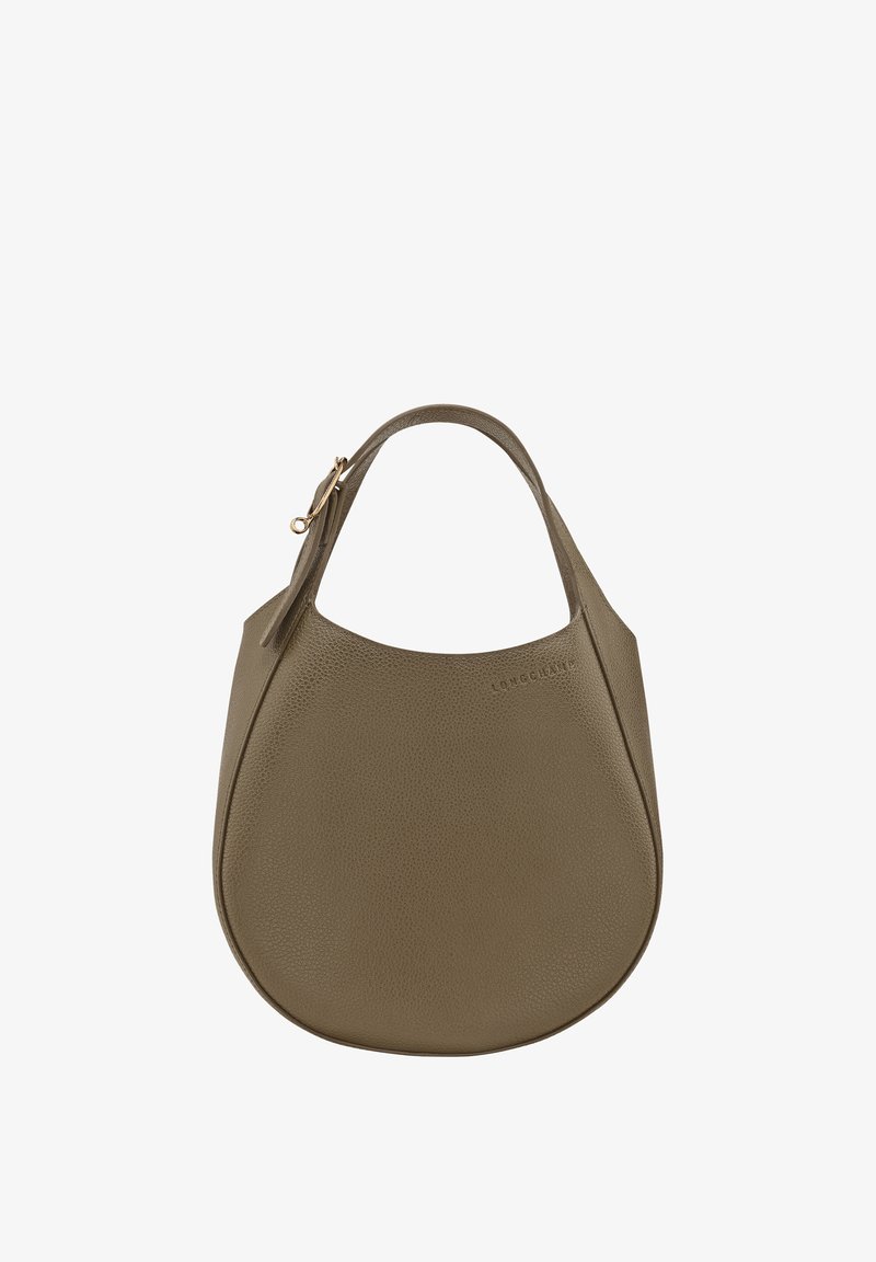 Olive green leather handbag with a rounded shape, short handle, and a gold-tone zip closure. Features subtle embossed branding.
