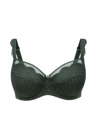 Reggiseno in pizzo verde scuro con un motivo geometrico, supporto con ferretto, spalline regolabili e rifiniture in pizzo decorativo sulle spalline e sulle coppe.