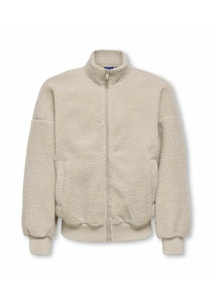 Veste en polaire duveteuse couleur crème avec fermeture éclair à l'avant, col montant, poignets et ourlet côtelés, présentée sur fond blanc.