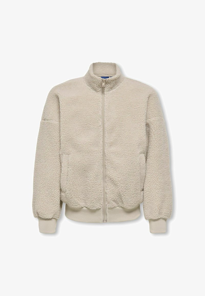 Veste en polaire duveteuse couleur crème avec fermeture éclair à l'avant, col montant, poignets et ourlet côtelés, présentée sur fond blanc.