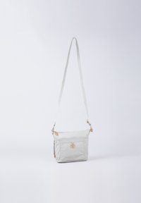 Light gray crossbody bag made of textured material. Features a zip closure, front pocket, and gold-tone hardware accents.